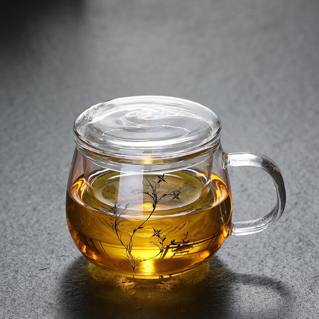 Transparent Glass Tea Cups Household Flower Teacups with Lid and Filter Heat Resistant Water Mug Office Drinkware: 500ml glass lid B
