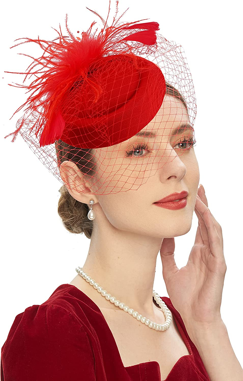 Womens Vilt Tovenaar Hoed Visnet Sluier Kleine Pluche Golf Punt Decor Haarspeldjes Bruiloft Bruids Cocktail Hoofddeksels Tovenaar: Rood