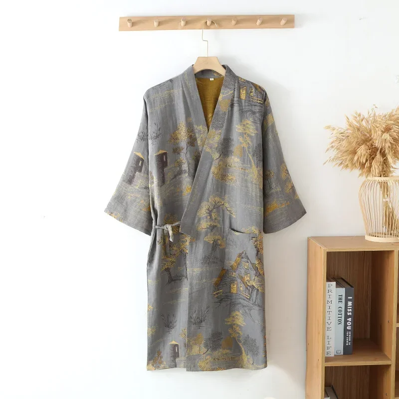 Ropa de baño para hombre, pijamas tipo kimono de algodón, batas para primavera, ropa de casa con estampado Jacquard, albornoz transpirable de gran tamaño de longitud media: L / Gris