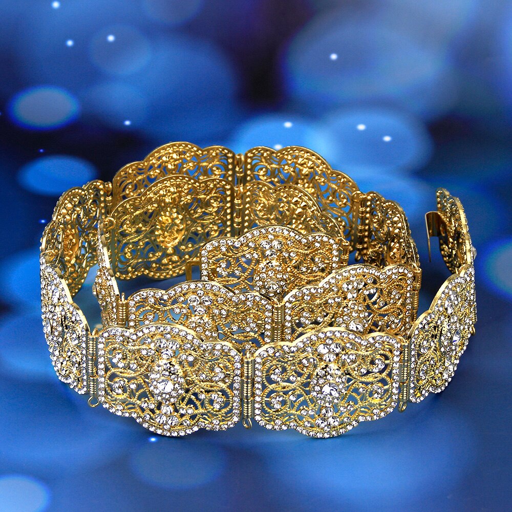 Sunspicems CINTURÓN DE caftán marroquí para mujer, vestido de boda, joyería, hebilla de Metal hueco, cadena de enlace, de novia de cristal completo: SM1902BT001 GOLD
