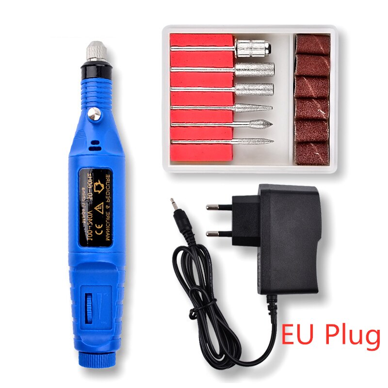 1 Kit électrique de Machine de perceuse à ongles électrique stylo d'art d'ongle 6 Bits perceuse tampon de ponçage lime à ongles Kit d'équipement d'art d'ongle: 01 Blue EU