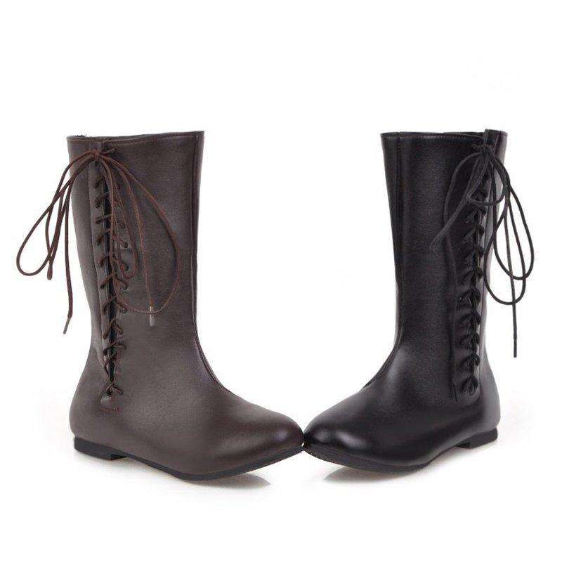 Vrouwen Laarzen Pu Leer Lace Up Retro Casual Dames Booties Gladiator Lage Hak Schoenen Dames Mode Botas Mujer Invierno TW574