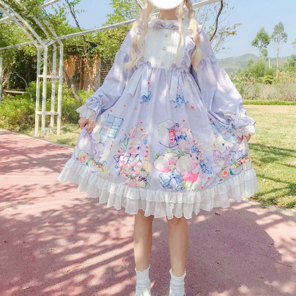 Japonés de chicas vestido Lolita OP vestido sombreros dulce Kawaii lindo vestido-Vestido largo de manga de las mujeres ropa estampada Vestidos AFC536: Purple OP