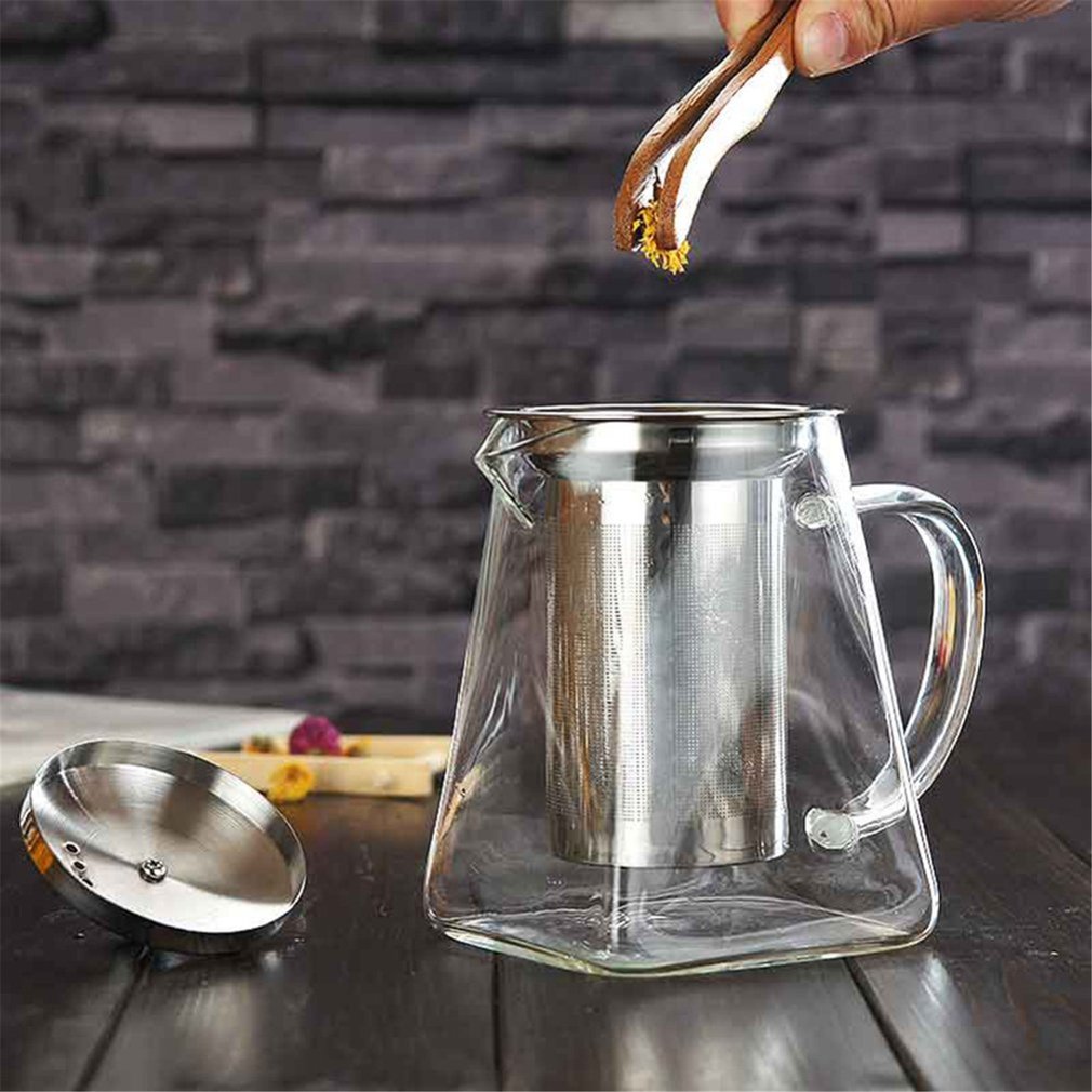 Hittebestendig Glas Theepot Met Roestvrijstalen Theefilter Verwarmde Container Thee Pot Goede Clear Ketel Vierkante Filter Manden