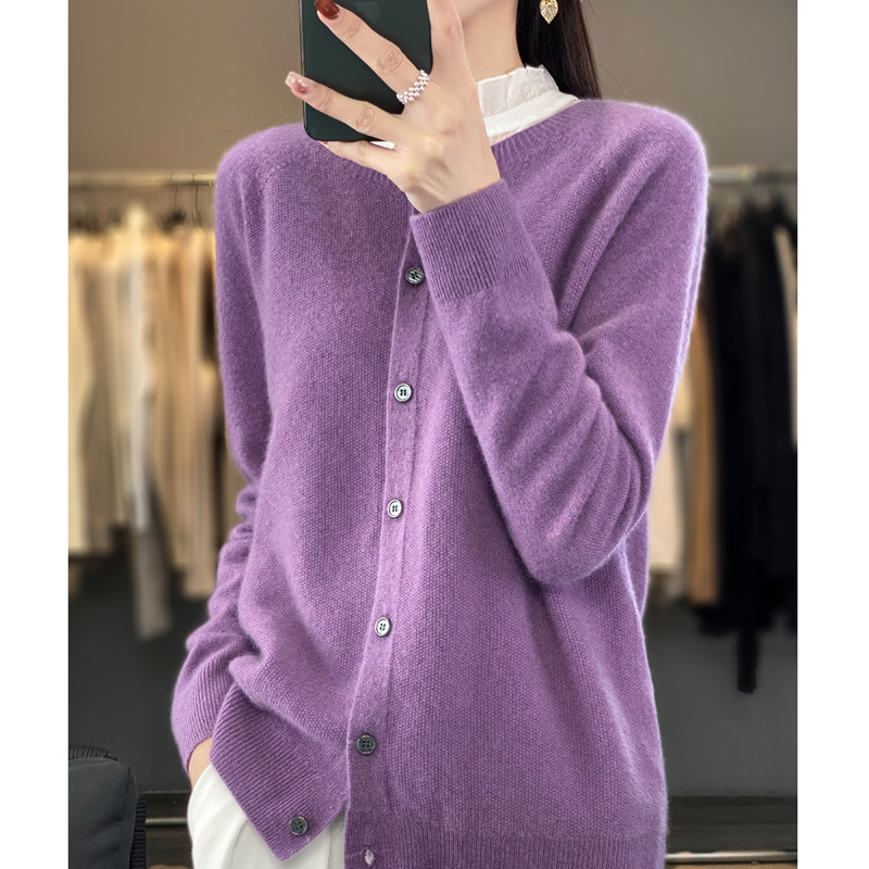 mujer 100% cárdigans de lana merina suéter de cachemira Otoño Invierno cuello redondo prendas de punto de manga larga ropa básica femenina Tops: M / Morado