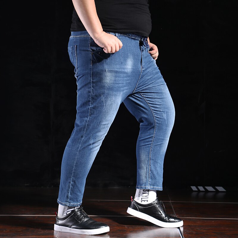 Plus size 6XL Elastic waist Ankle pants men's jeans summer stretch Loose Navy blue Leisure straight large size mid-rise jeans