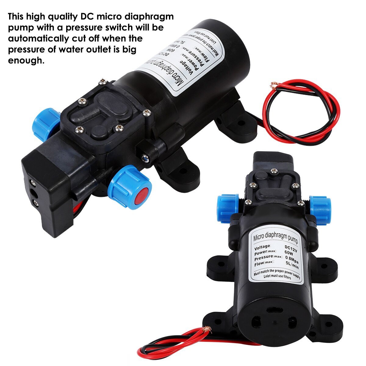 60W DC 12V High Pressure Water Pump 5L/min Self Priming Micro Diaphragm Pump Automatic Switch Car Vehicle Cleaning Pump 115PSI