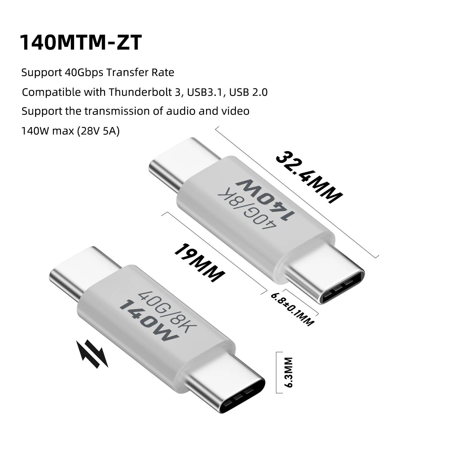 NNBILI PD140W USB4.0 USB C a C Adaptador de carga rápida Convertidor 40Gbps Conector de sincronización de datos 8K @ 60Hz Adaptador tipo C para MacBook ﻿: Blanco