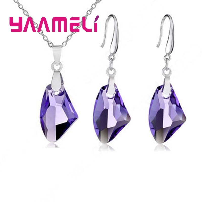 Ensemble de bijoux en argent Sterling 925, pendentif géométrique en cristal autrichien, collier, crochet, boucles d'oreilles, accessoire de mariage,: Purple