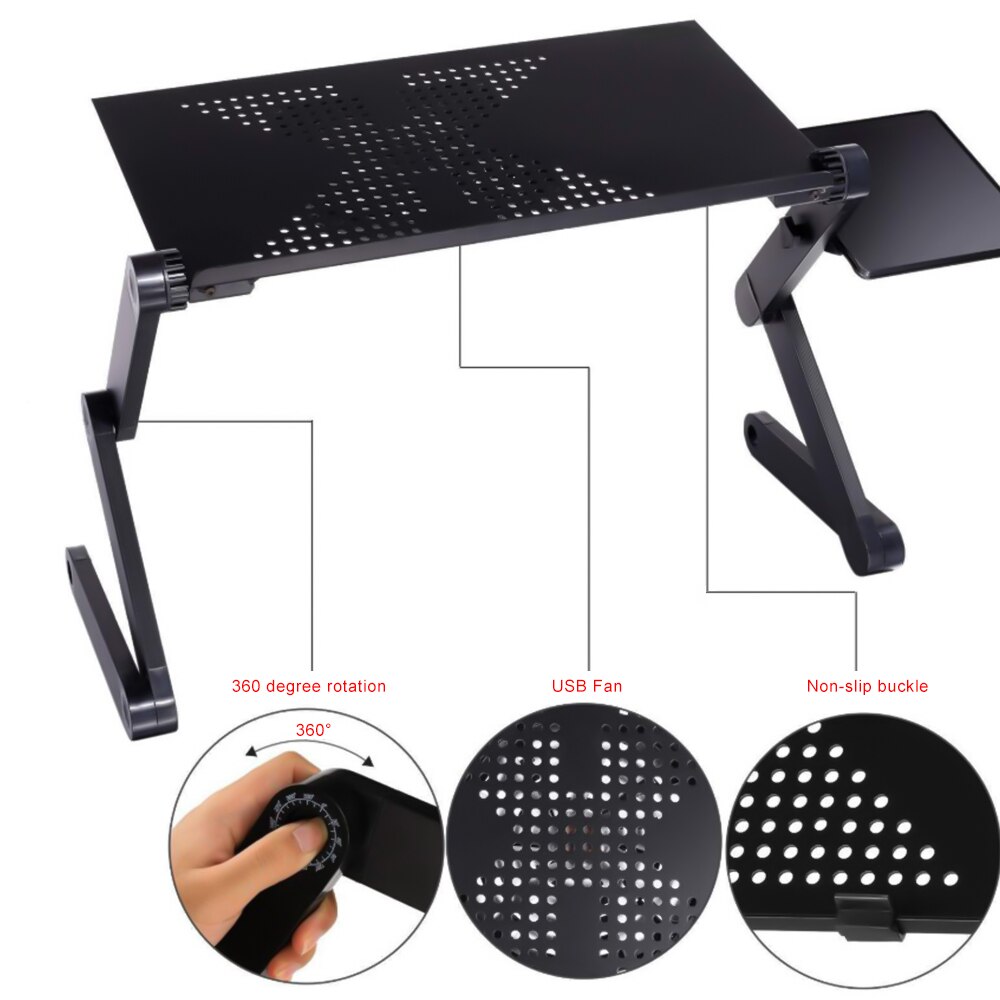 Verstelbare opvouwbare tafel voor laptop, bureau, computer, mesa, notebookstandaard, lade voor slaapbank, zwart, kantoor, slaapkamer, maat m/l, draagbaar