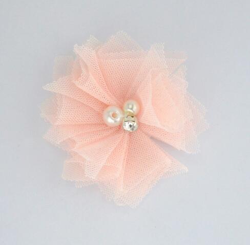 10 stks/partij 2.5 ''Mini Tulle Mesh Bloemen Met Strass Pearl Center Poof Bloemen Hoofdband Haar Accessoires: 18 peach
