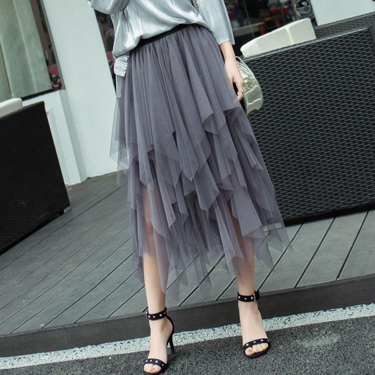 Solid Color Irregular High Waist Tulle Mesh Skirt Women Summer Party Petticoat Ball Gown Skirts: GRAY