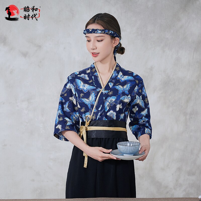 Sushi Restaurant Chef Uniform Kimono Japanese Style Print Work Clothes Pick Size