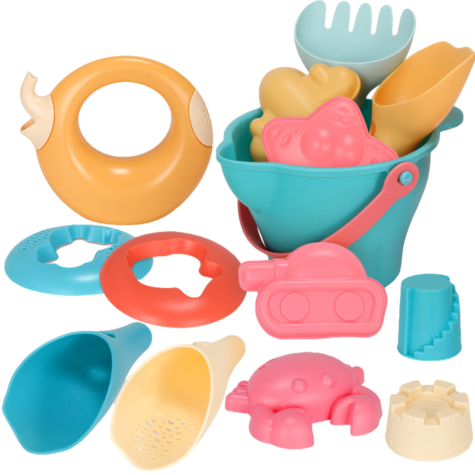 Juguetes de playa para niños, kit de juguetes playeros infantiles, baldes, palas, caja de arena, rastrillo, animales marinos de goma suave para niños pequeños, 5-17 uds.: 14pcs