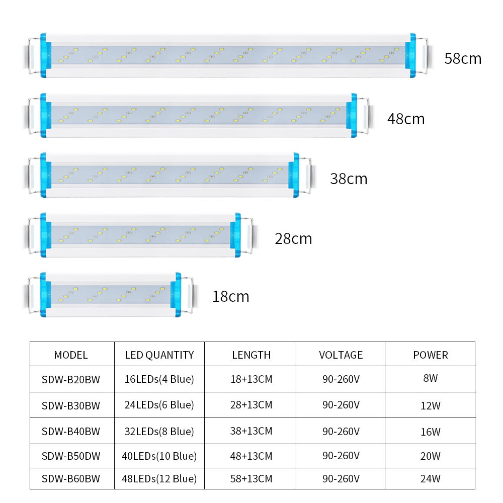 NICREW-Lámpara de Clip de luz LED delgada para acuario, iluminación LED azul y blanca, resistente al agua, brillante, 18-58cm