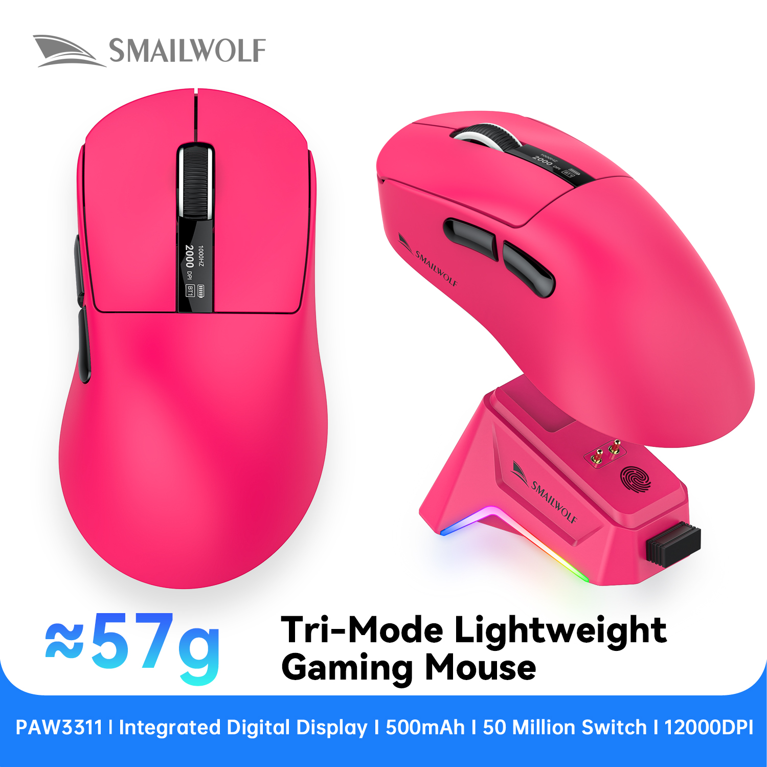 Smailwolf M6 Wireless Bluetooth Gaming Mouse Three-mode switching,magnetic charging,PAW3311 sensor,ultra-lightweight,ergonomic: Red