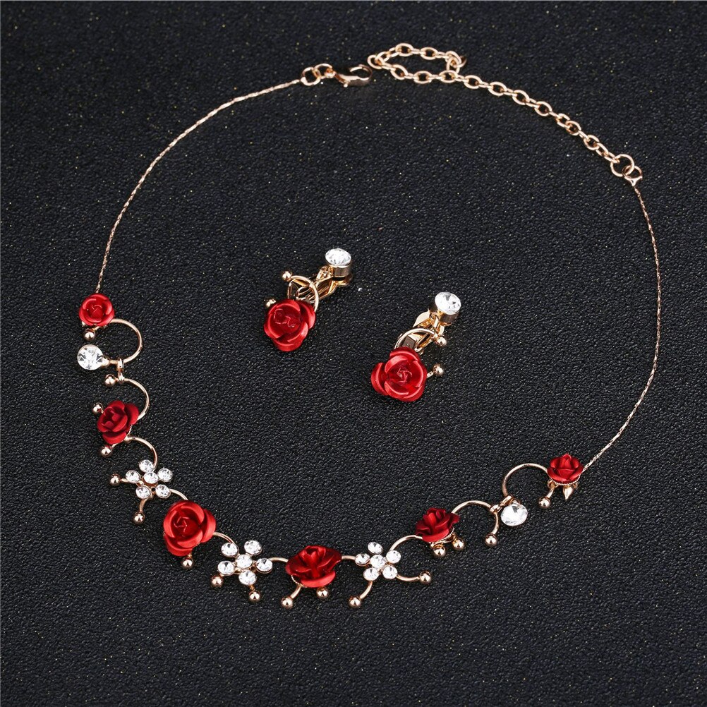 Vrouwen Elegante 1 Paar Oor Clip + 1 Ketting Rode Bloem Casual Jurk Accessoire Mode Legering Oor Clip Neckless Sieraden set
