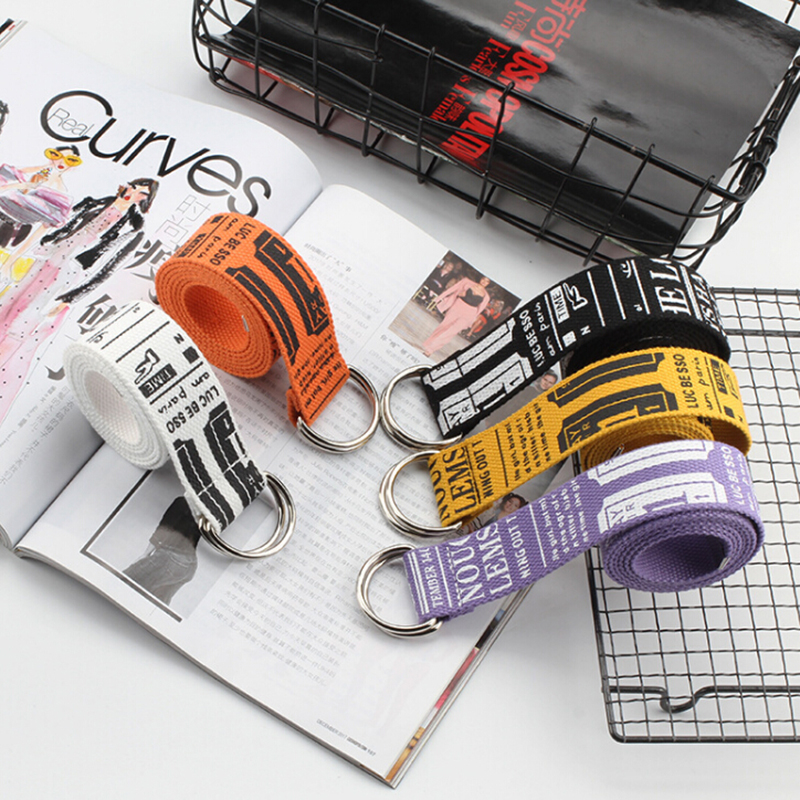 Unisex canvas riemen met letters, d-ring, dubbele gesp, punk tailleband, dames, heren, tieners, lange brede riem