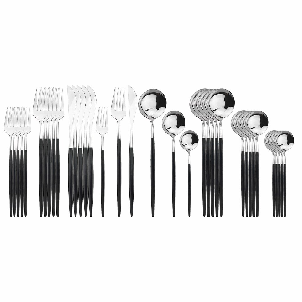36 stk sort guld bestik sæt 18/10 rustfrit stål guld spisestel home western ske gaffel kniv bøf spisestel service sæt: Sort sølv