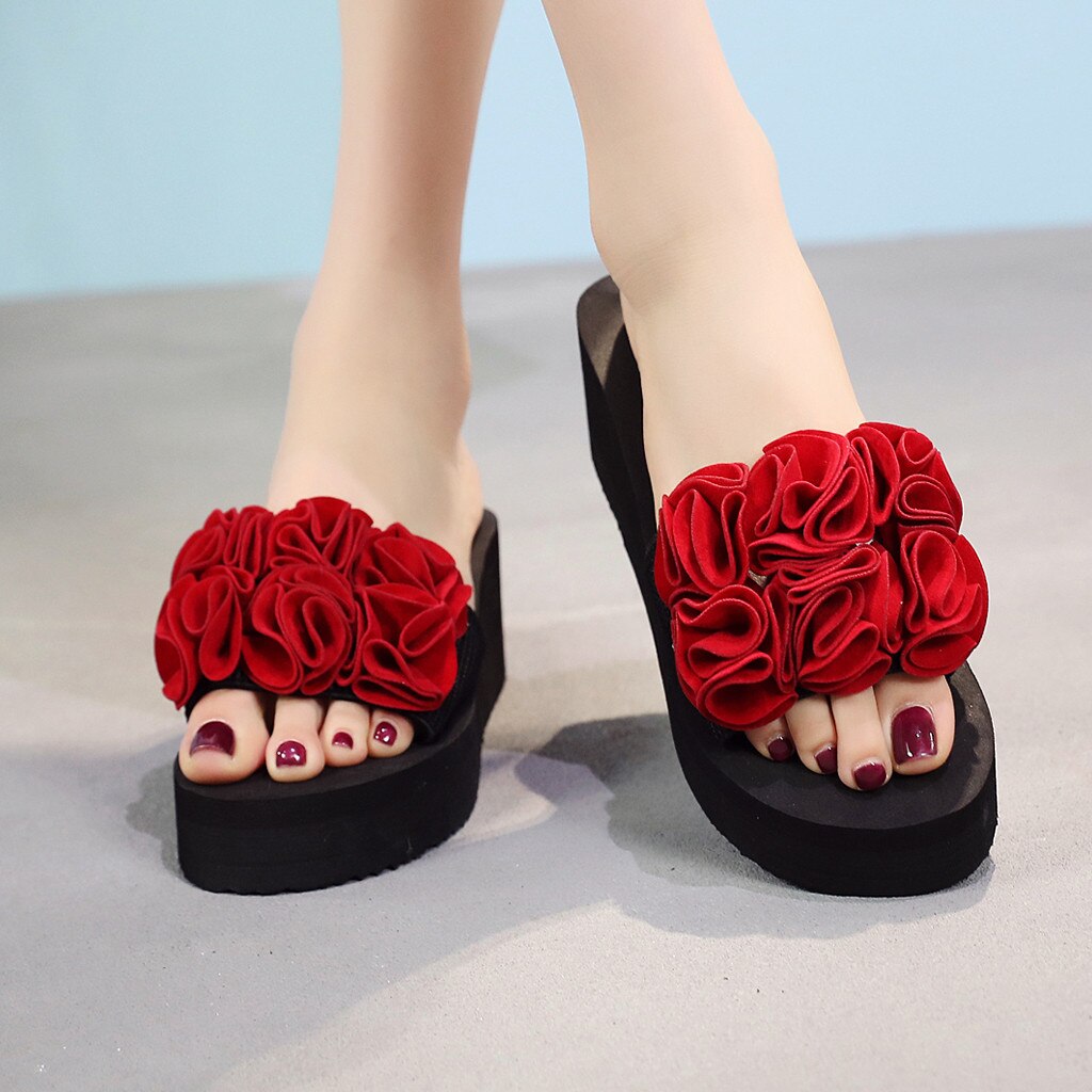 Bohemian Style Flower Thick Soles Slippers Summer Sandalias Non-slip Beach Shoes Home Wedges Slippers Women Zapatos De Mujer