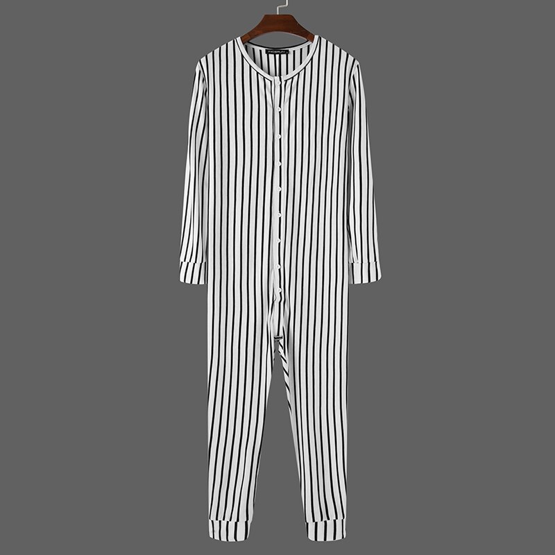 Incerun Mannen Gestreepte Pyjama Jumpsuits Lange Mouwen Button Up Leisure Homewear Rompertjes Cozy O Hals Heren Nachtkleding Overalls S-5XL: White / Xxl