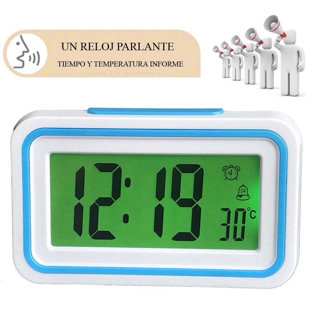 Digital español reloj despertador hablando de tiempo y temperatura para chico dormitorio de los niños despierta