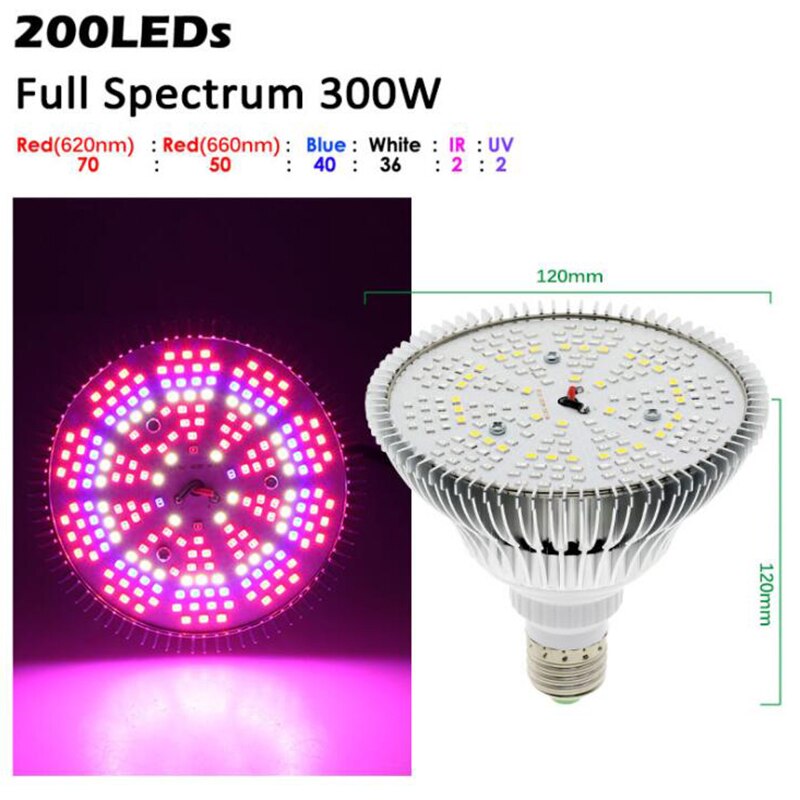 Bombilla LED E27 para cultivo de plantas, luces de espectro completo para vegetales de interior, 200: Full Spectrum