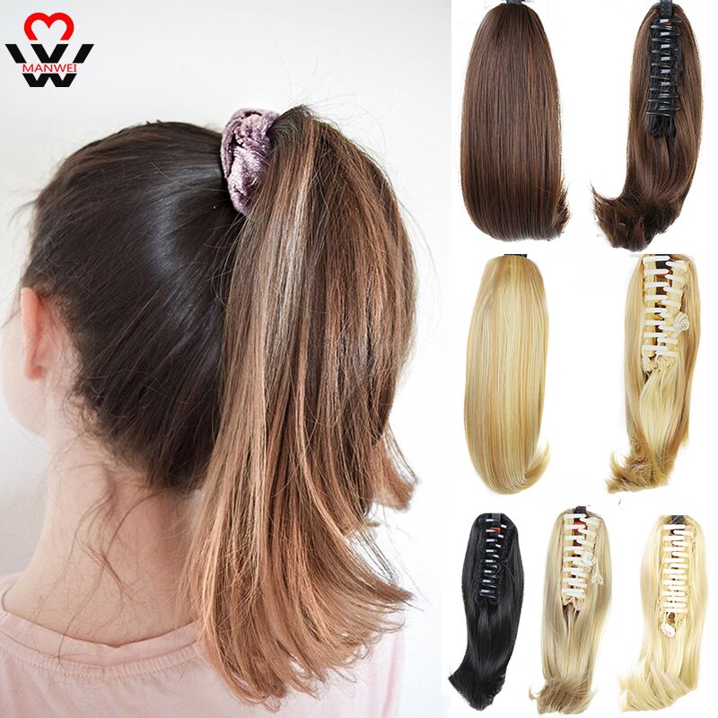 MANWEI Women's Short Straight Ponytail Clip In Claw Little Ponytails High Temperature Fiber Synthetic Hairpieces