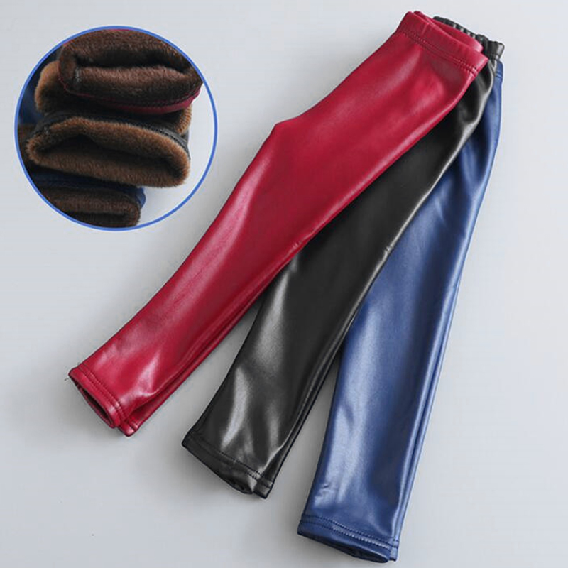 Tjejer faux pu tjocka fleeceleggings tjejer barn resår i midjan varmt läder tjejer söta svarta röda barn barn snygga leggings