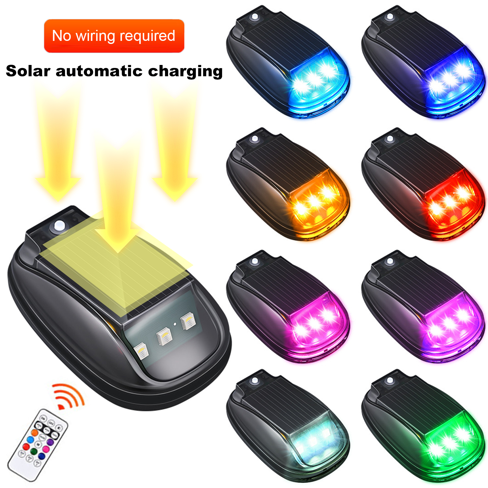 Autodakverlichting op zonne-energie met draadloze, op afstand bedienbare knipperlichten (rgb), stroboscoop op zonne-energie voor autodecoratie.