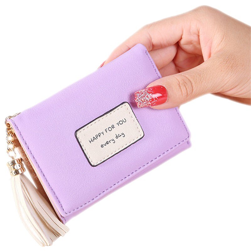 Mode Vrouwen Casual Meisjes Omzoomd Lederen Kleine Portemonnee Brief Patchwork Portefeuilles Portemonnees Vrouwelijke Korte Coin Hasp Purse Credit: Lavendel