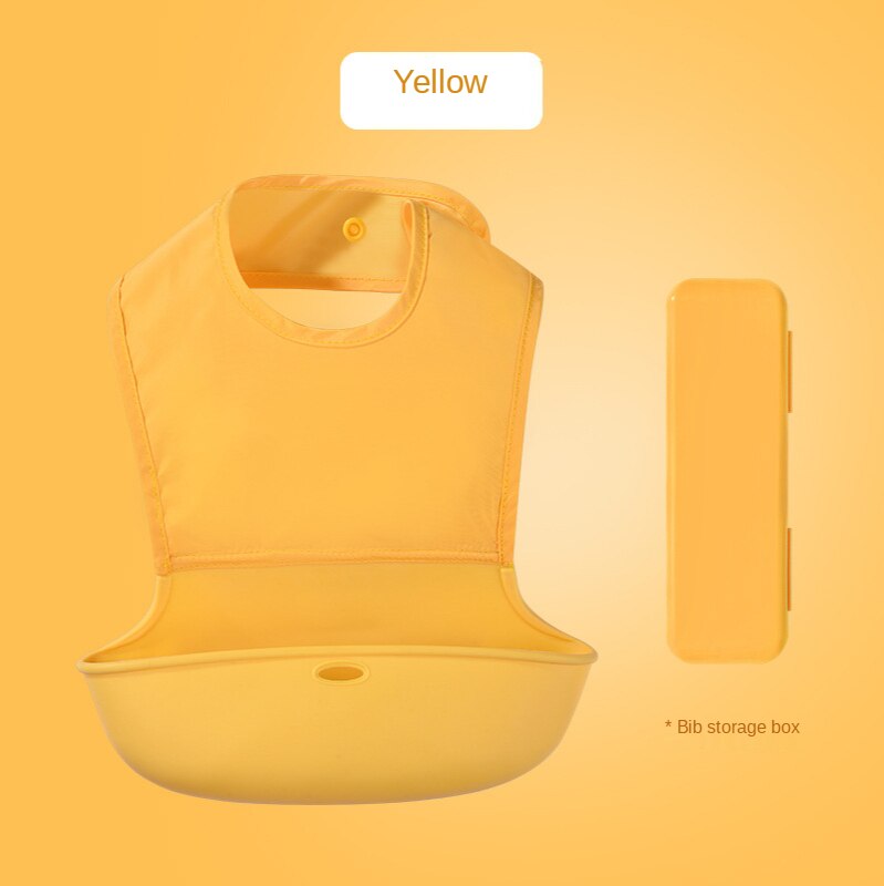 Baby Bib Pure Kleur Siliconen Waterdicht Bib Drie-Dimensionale Speeksel Pocket Gratis Opbergdoos: Yellow