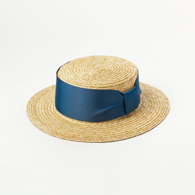 100% Wheat Straw Timeless Grosgrain Ribbon Decorated Canotier Boater Flat Top Sun Hat: Blue bow