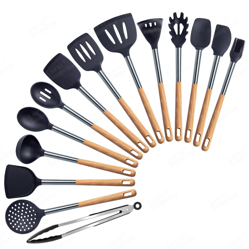 Kit d'ustensiles de cuisine en Silicone, ensemble d'outils de cuisine, accessoires allongés manche en bois massif, spatule cuillère Kit avec ustensiles de rangement: B14