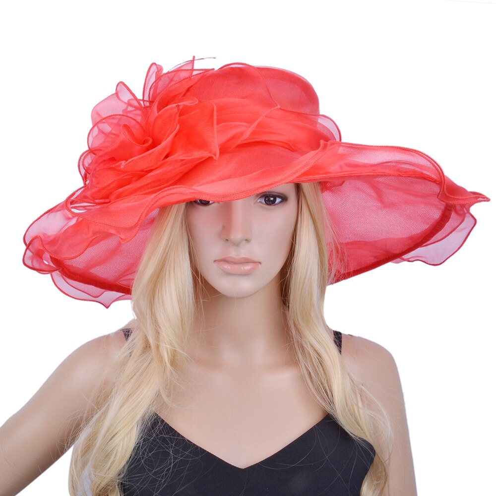 Watermelon pink X Large wide brim Organza Hat Hair Accessory sinamay fascinator for Church wedding,brim width 15.5cm.: RED