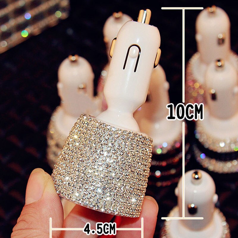 Crystal Rhinestones Dual Usb Snel Opladen Auto Oplader Voor Mobiele Telefoon Ipad Draaien Snel Opladen Adapter Zilver