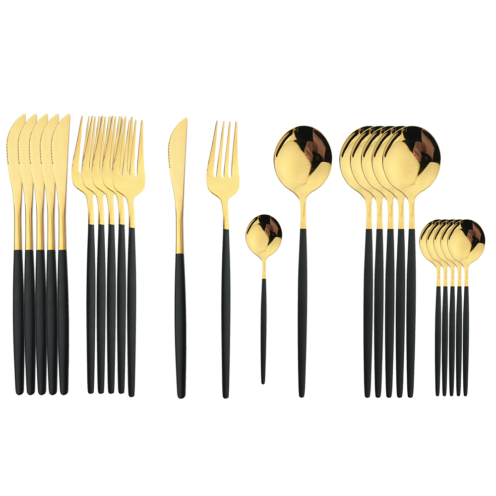 Juego de cubiertos dorados con mango negro, 24 Uds., cuchillo de acero inoxidable, tenedor, cuchara, vajilla, juego de cubiertos, vajilla de cocina para Festival,: Rosa