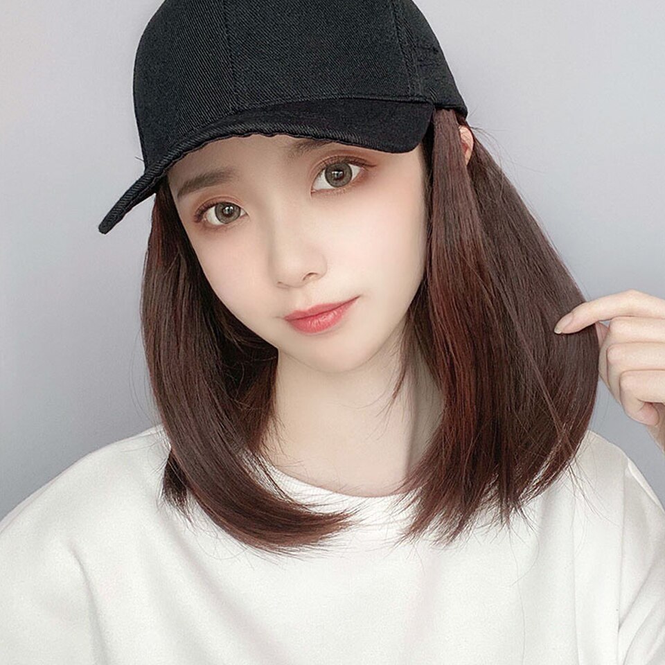 HUAYA Short Straight Hat wig Synthetic Baseball Cap Hair Wig Natural Black Wigs Connect Synthetic Hat Wig Adjustable For Girl