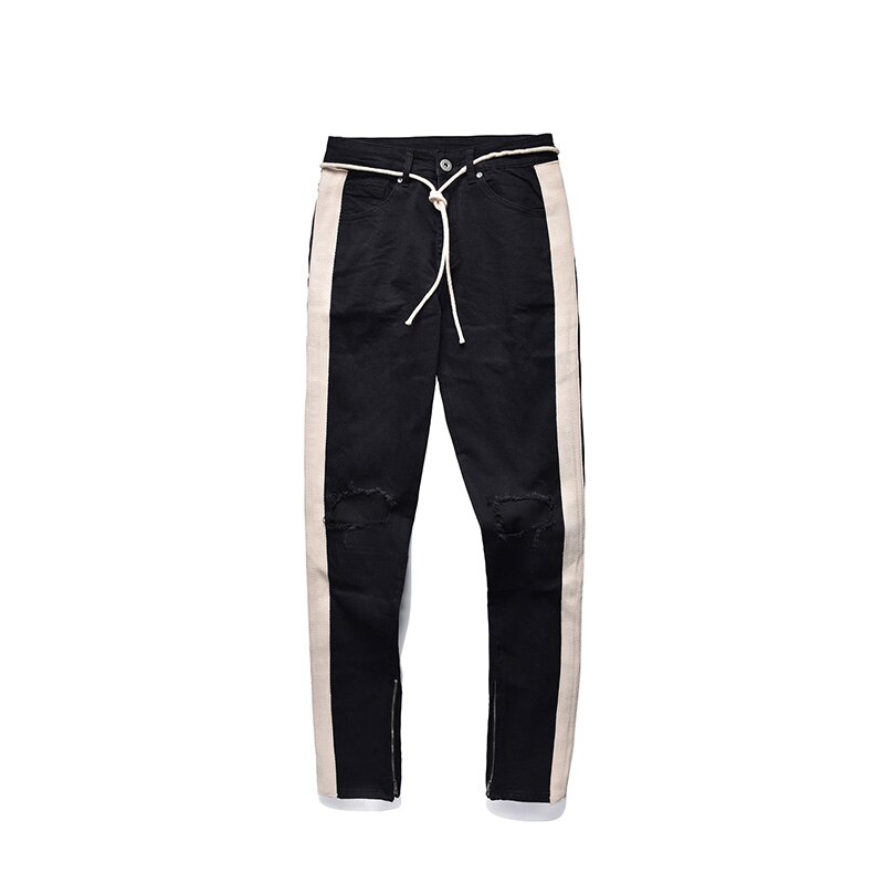 Heyguy pantalons hommes jean slim hommes streetwear déchiré jean pour homme ajusté bas fermeture éclair hip hop jean homme denim: Black / L