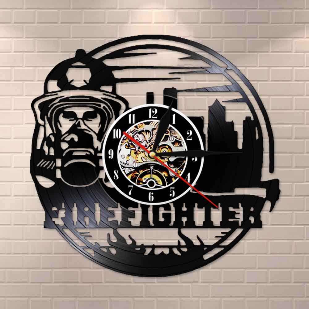 Horloge murale en vinyle représentant un casque de pompier, décoration vintage pour le bureau des pompiers, montre silencieuse pour les pompiers