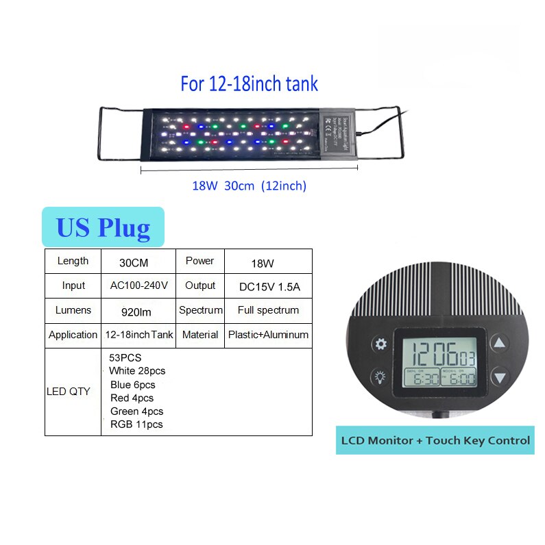 12inch-18-24inch Waterdichte Programma 8 Kleuren Auto On Off Volledige Spectrum Led Aquarium Lichtpunt Voor Zoetwater Geplant Tank: 18W 12inch C138 US
