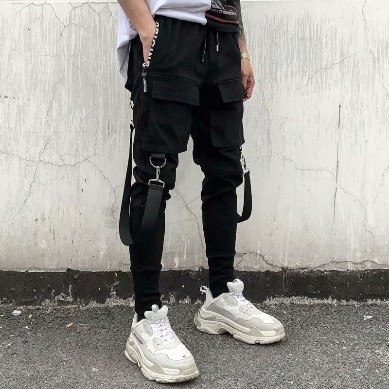 Streamers de retales de Hip Hop para hombre, ropa de calle, monos con bolsillos laterales, pantalones multibolsillos, pies pequeños, holgado, con cremallera