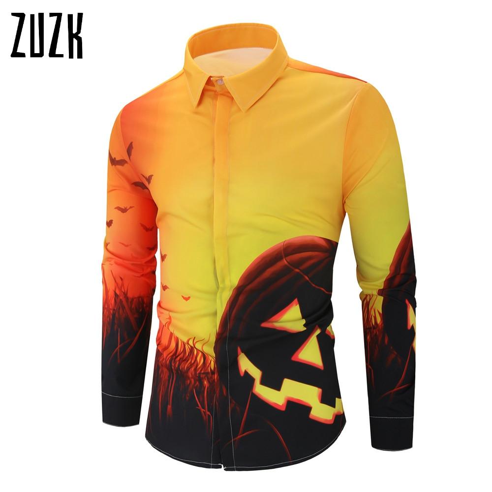 Zuzk miesten paita rento pitkähihainen nappipaita miehille halloween painettu kurpitsa paidat miesten plus koko