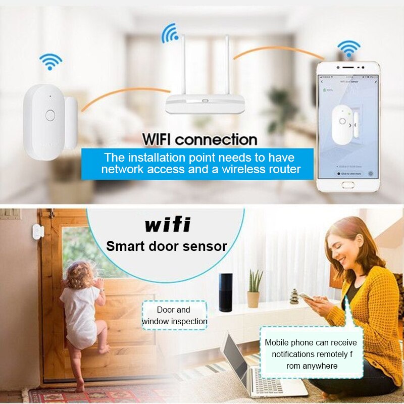 WIFI Window Sensor Independent Wireless Security Alarm Works with Notification Open or Closed No Hub for Smart Home DFDS