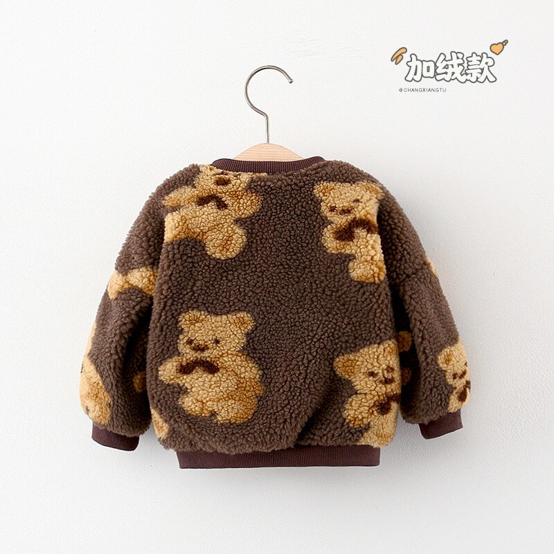 With Bear Pendant Baby Girl Jacket Winter Coat for Kids Print Cartoon Bear Plus Velvet Thick Outerwear