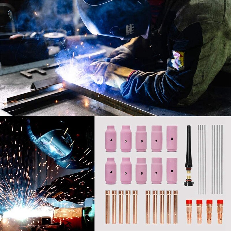 TIG Welding Accessories Set Adapter Sleeves+ Housing+ Ceramic Nozzles+ Tungsten Electrodes For WP-26 TIG Welding Torch