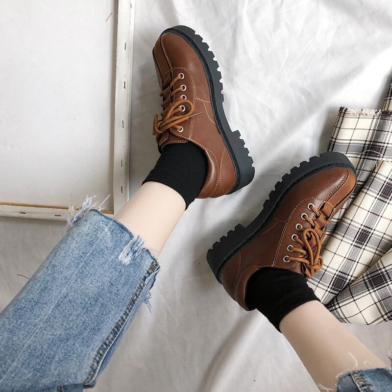 Patchwork cross-tied round toe oxfords creepers muffin british shoes women sewing brand flats all match leather footwear