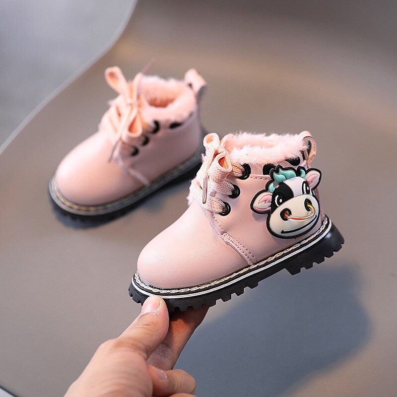 freundlicher Schuhe Winter Jungen Schnee Stiefel freundlicher Plüsch Warme Knöchel Martin Stiefel Puffer Schock Baby Mädchen Karikatur Kuh Sport schuhe: Rosa / 16