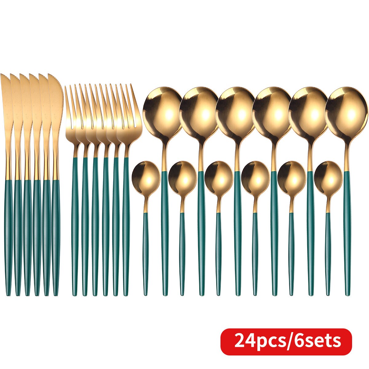 Ménagère de couverts en acier inoxydable colorés, service de table couleur or, effet miroir avec couteaux, fourchettes, cuillères, parfait pour le dîner, 24 pièces: G