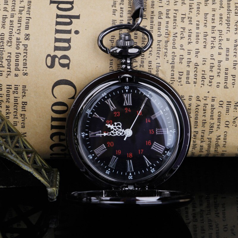 Vintage Quartz Pocket Watch Smooth Steel Roman Nmber Dial Pendant Fob Chain Watch Clock Relogio DeBolso: Black
